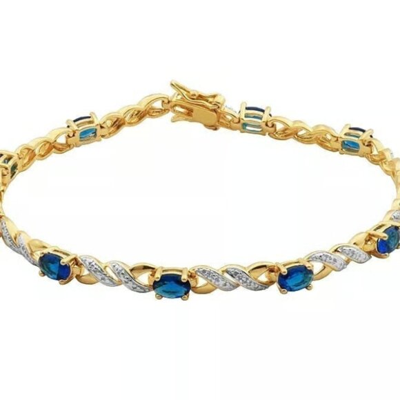 18KT Yellow Gold Sterling Silver Blue & White Cubic Zirconi Bracelet $225 8" NWB - Picture 12 of 16